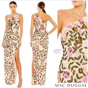 Mac Duggal 10903 Floral Sequined One Shoulder Column Gown Size‎ 4 Nude Multi
